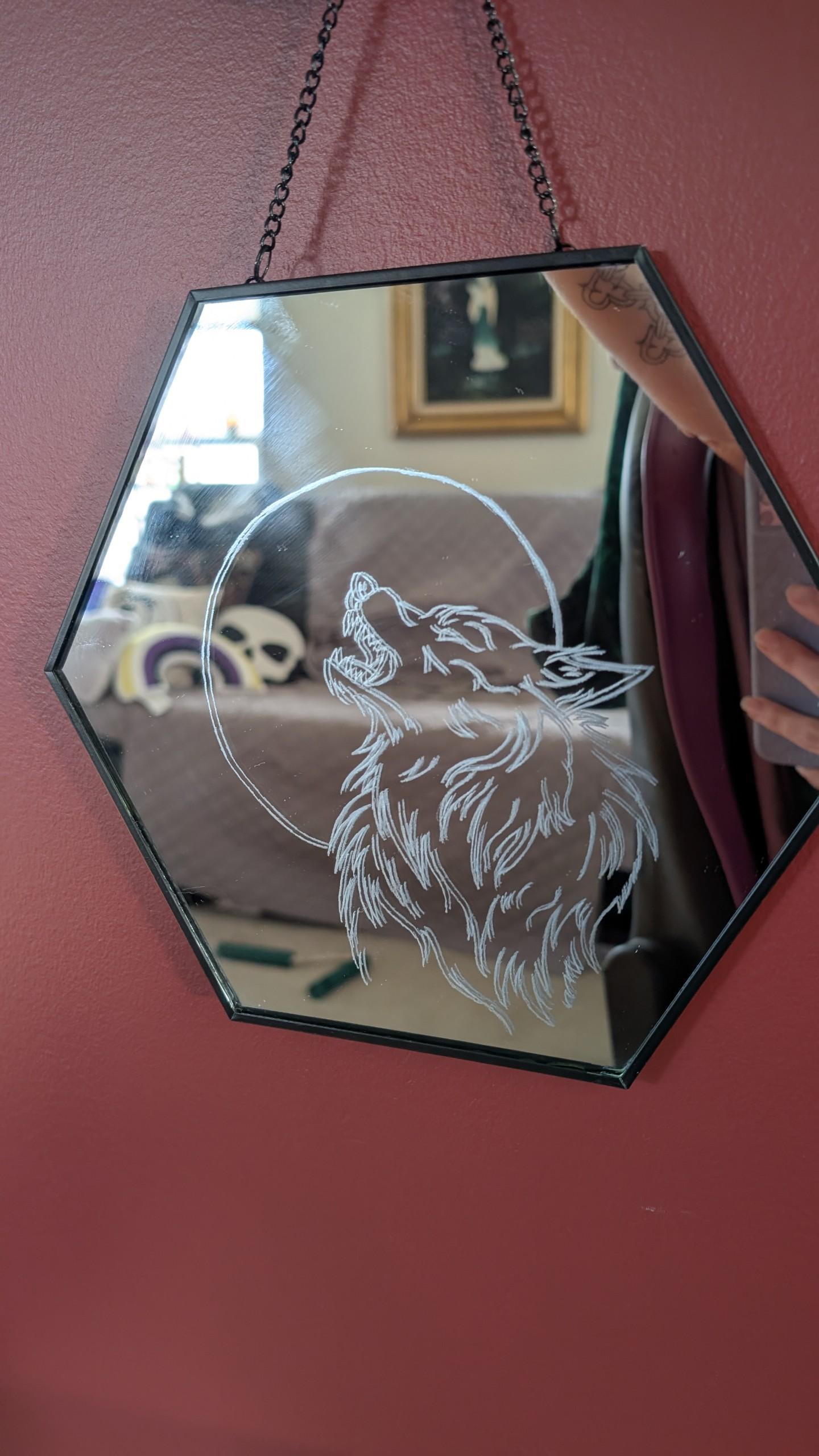 Engraved Wolf Mirror